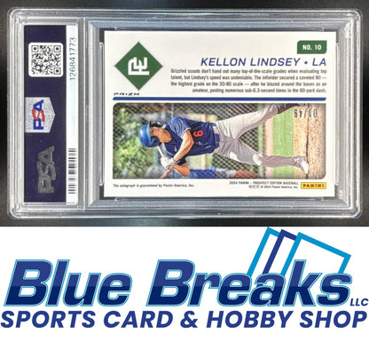 2024 Panini Prospect Edition Kellon Lindsey #10 01/49 Holo Ticket Signatures Green Auto PSA 10 Los Angeles Dodgers