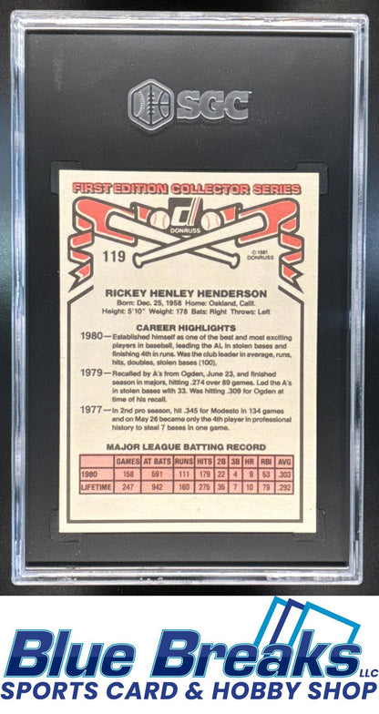 1981 Donruss Rickey Henderson [RC] #119 SGC 9 Athletics
