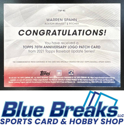 2021 Topps Update Warren Spahn #T70P-WS 70th Anniversary Manufactured Logo Relic