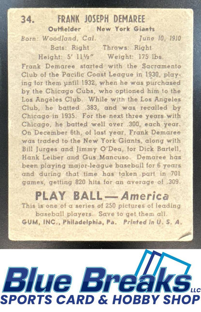 1939 Play Ball Frank Joseph Demaree #34 Giants