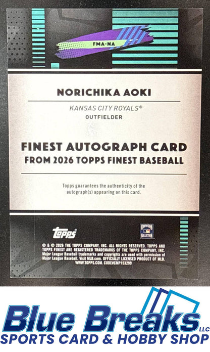 2026 Topps Finest Norichika Aoki #FMA-NA Mega Auto Purple Mini-Diamond Refractor 60/75 Kansas City Royals