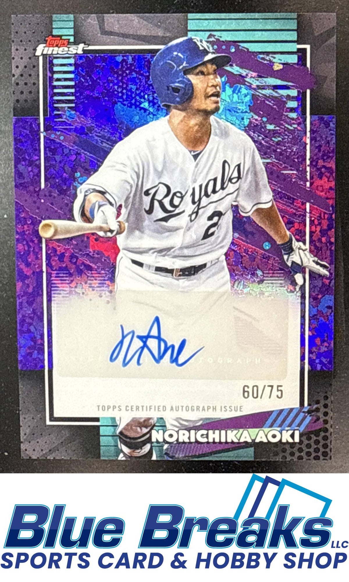 2026 Topps Finest Norichika Aoki #FMA-NA Mega Auto Purple Mini-Diamond Refractor 60/75 Kansas City Royals