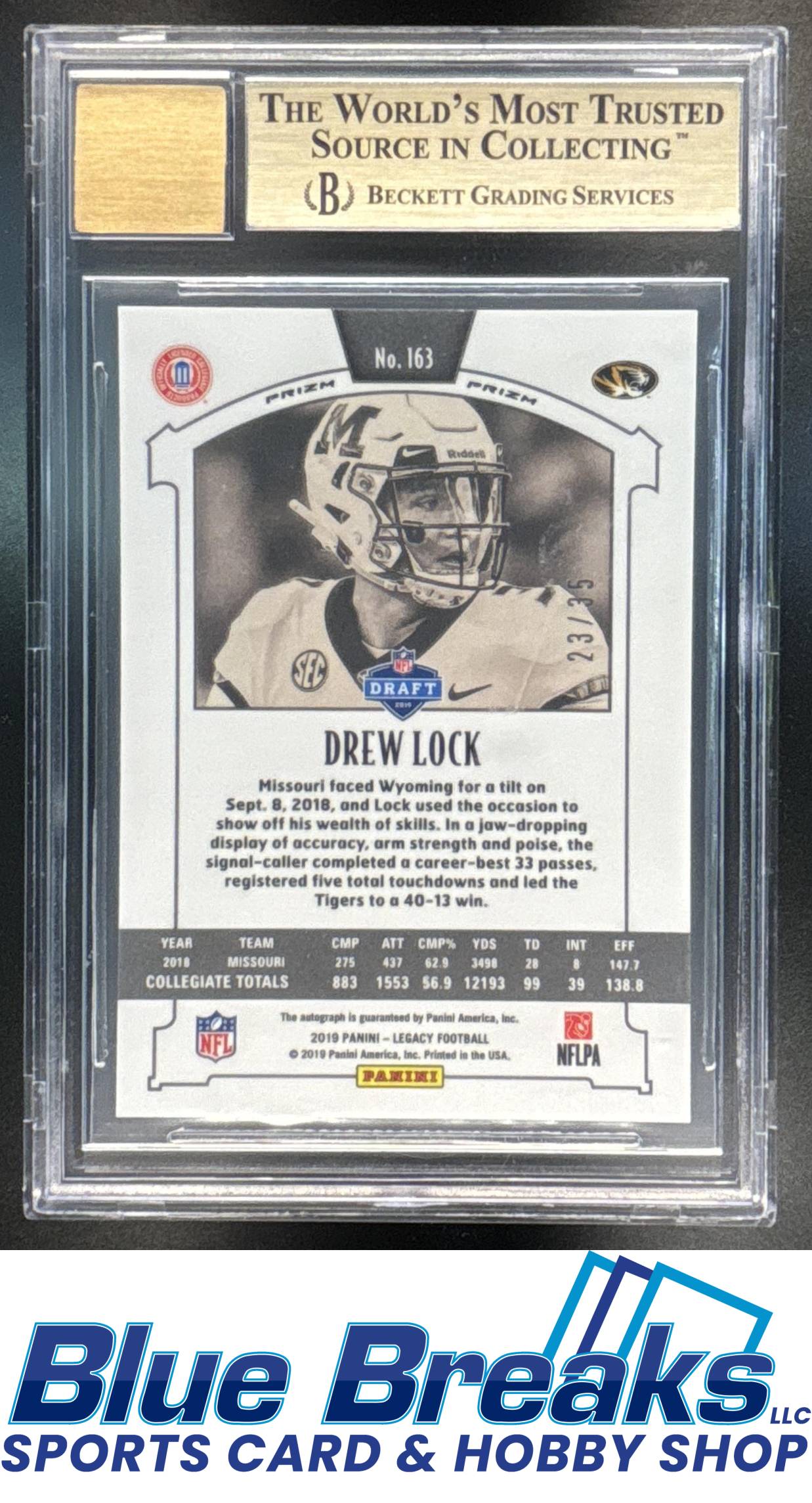 2019 Panini Legacy Drew Lock #163 Premium Penmanship Bronze 23/35 RC Auto BGS 9.5 Missouri Tigers