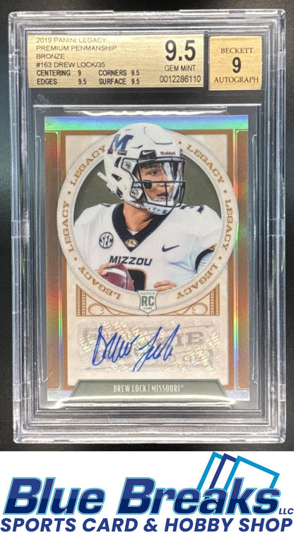 2019 Panini Legacy Drew Lock #163 Premium Penmanship Bronze 23/35 RC Auto BGS 9.5 Missouri Tigers