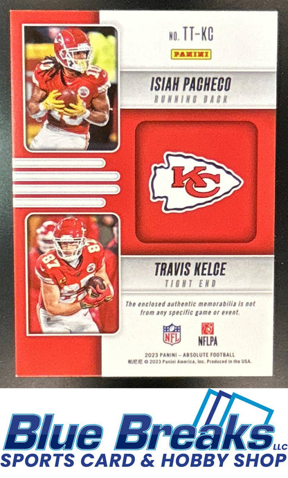 2023 Panini Absolute Isiah Pacheco Travis Kelce #TT-KC Team Tandem Materials Gold 21/99 Kansas City Chiefs