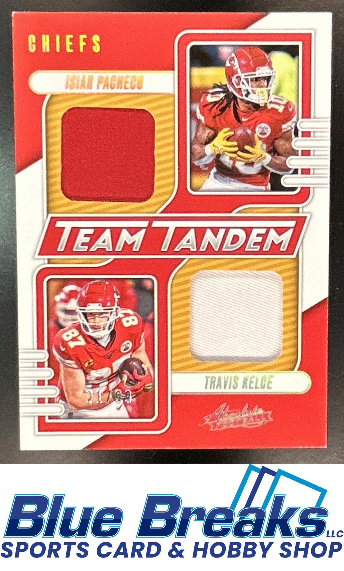 2023 Panini Absolute Isiah Pacheco Travis Kelce #TT-KC Team Tandem Materials Gold 21/99 Kansas City Chiefs