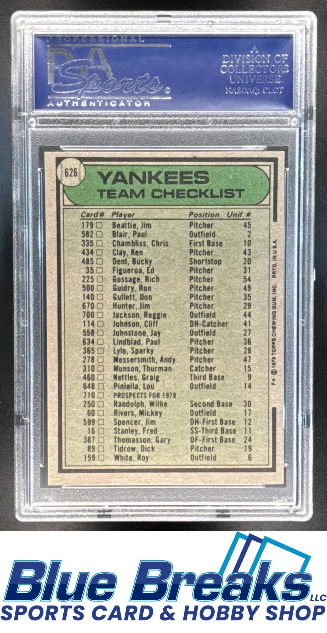 1979 Topps Team Checklists New York Yankees Bob Lemon M [RC] #626 PSA 9