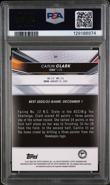 2022 Bowman Univ Best - Basketball - Iowa Hawkeyes - Caitlin Clark - #50 - Psa 10