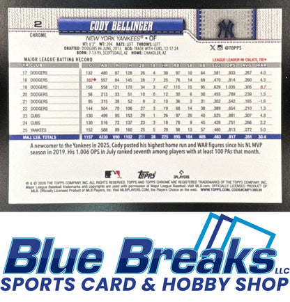 2026 Topps Chrome Cody Bellinger #2 Green Raywave Refractor 66/99 New York Yankees