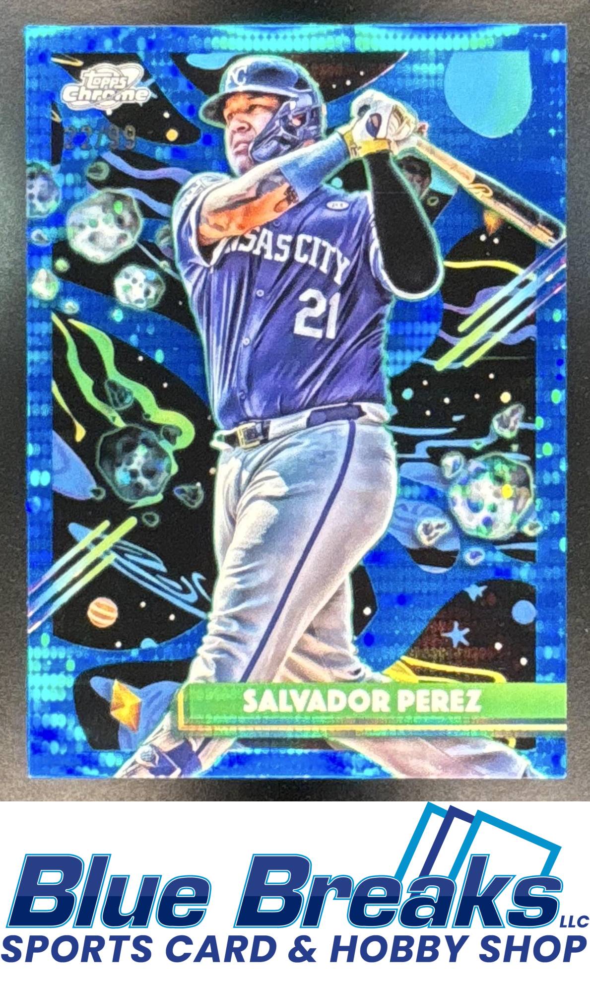 2025 Topps Cosmic Chrome Salvador Perez #63 Blue Moon Refractor 22/99 Kansas City Royals