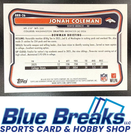 2026 Bowman Chrome RC Red Variation Jonah Coleman #BRR-26 Denver Broncos