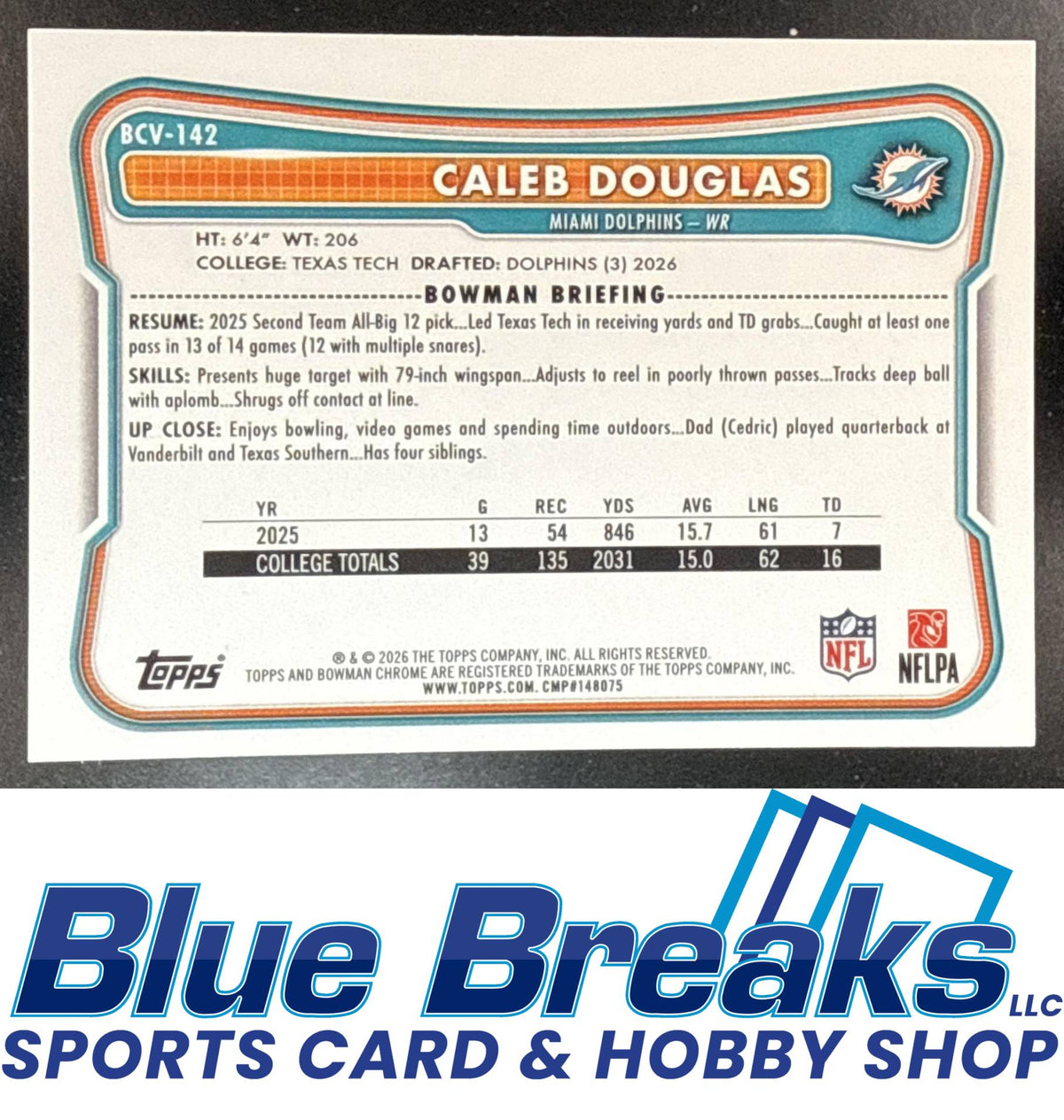 2026 Bowman Caleb Douglas #BCV-142 Chrome NFL Gridiron Refractor 087/125 RC Miami Dolphins