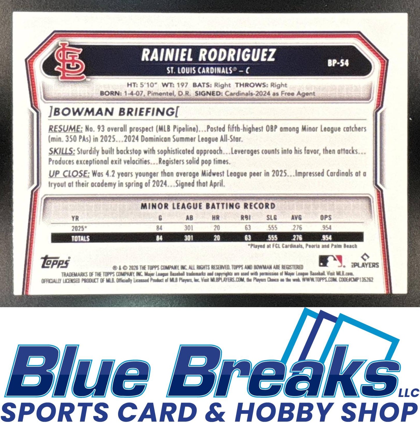 2026 Bowman Rainiel Rodriguez #BP-54 Prospects Blue Border 083/150 St. Louis Cardinals
