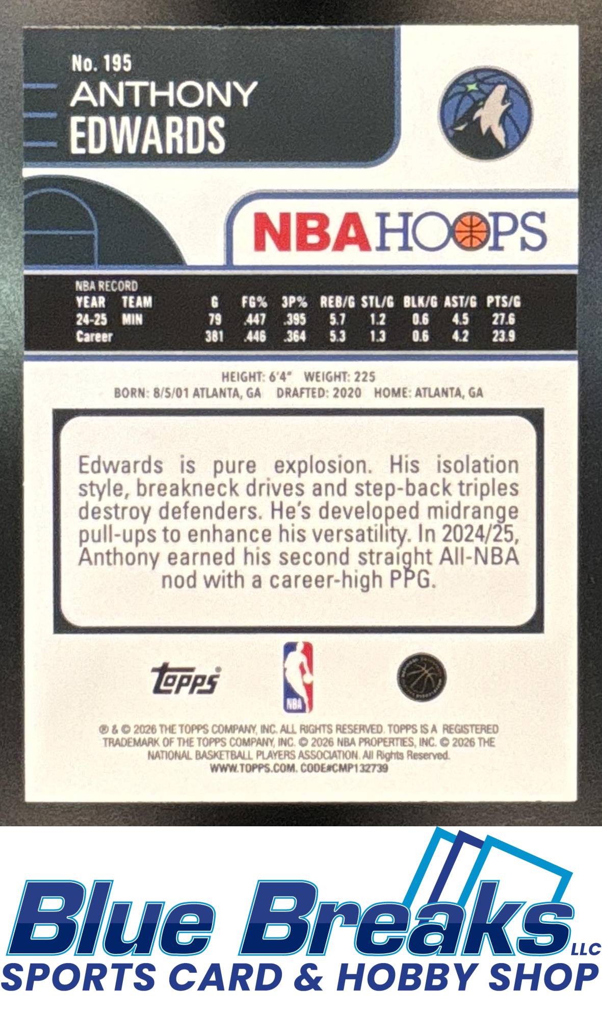 2025-26 Topps Hoops Orange Anthony Edwards 078/249 #195 Minnesota Timberwolves