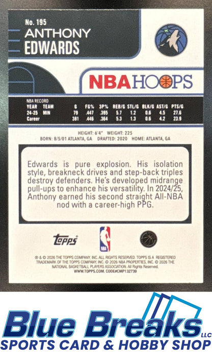 2025-26 Topps Hoops Orange Anthony Edwards 078/249 #195 Minnesota Timberwolves
