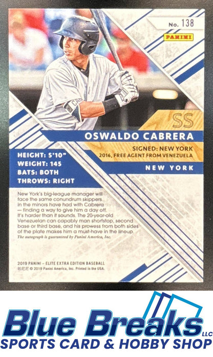 2019 Panini Elite Extra Edition Auto Oswaldo Cabrera #138 New York Yankees