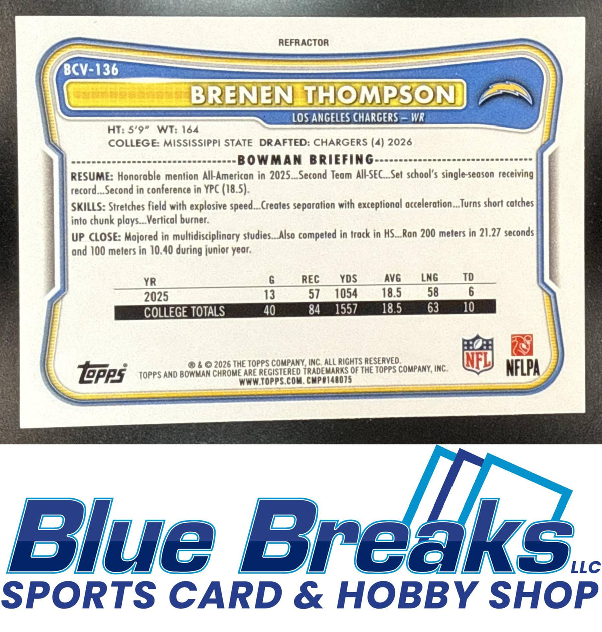 2026 Bowman Brenen Thompson #BCV-136 Chrome NFL Refractor 359/499 RC Los Angeles Chargers