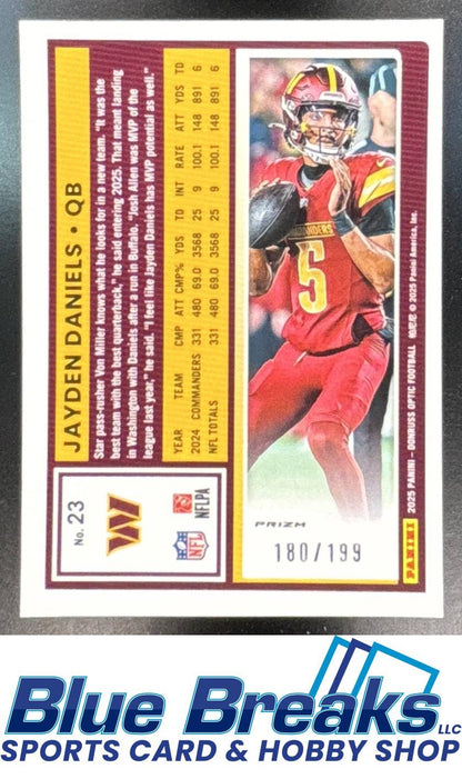 2025 Panini Donruss Optic Jayden Daniels #23 Neon Green Prizm 180/199 Washington Commanders