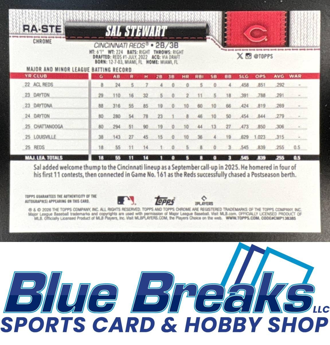 2026 Topps Chrome RC Auto Sal Stewart #RA-STE Cincinnati Reds