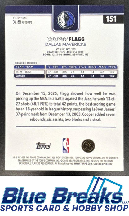 2025-26 Topps Chrome Update Cooper Flagg RC Rookie #151 c Dallas Mavericks
