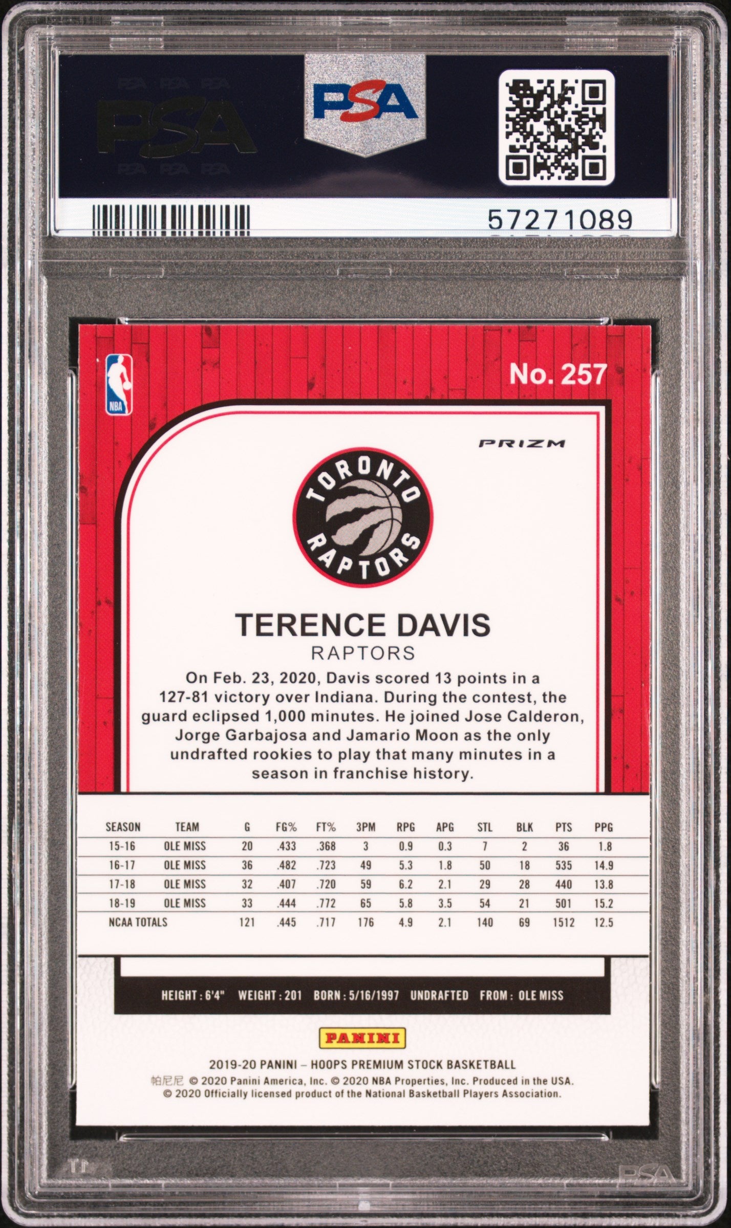 2019 Panini - Hoops Premium Stock - Silver Prizm - Terence Davis - RC - #257 - PSA 10 - basketball - Raptors