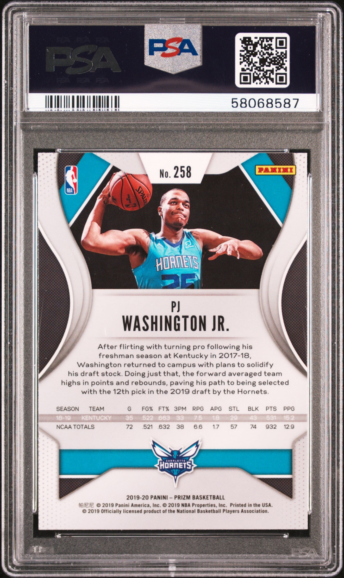 2019 Panini - Prizm - PJ Washington - RC - #258 - PSA 10 - basketball - Hornets