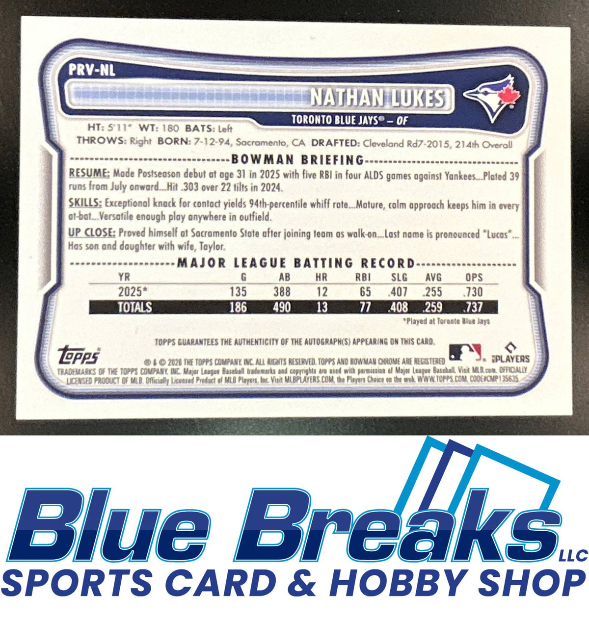 2026 Bowman Nathan Lukes #PRV-NL Rookies & Veterans Retail Auto Toronto Blue Jays