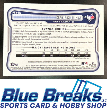 2026 Bowman Nathan Lukes #PRV-NL Rookies & Veterans Retail Auto Toronto Blue Jays