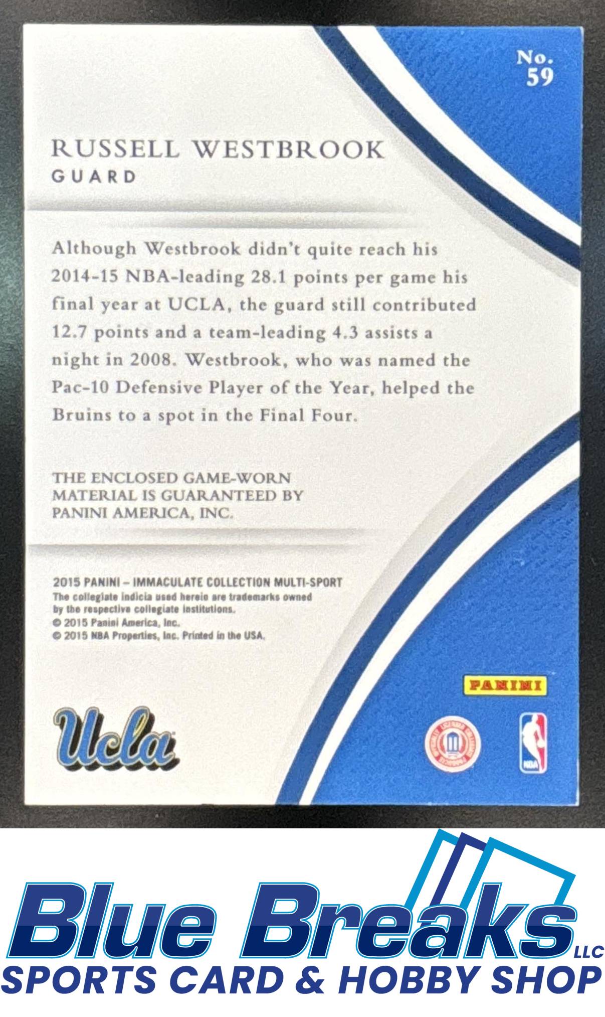 2015 Panini Immaculate Collection Collegiate Russell Westbrook #59 Numbers Memorabilia 50/99 Relic UCLA