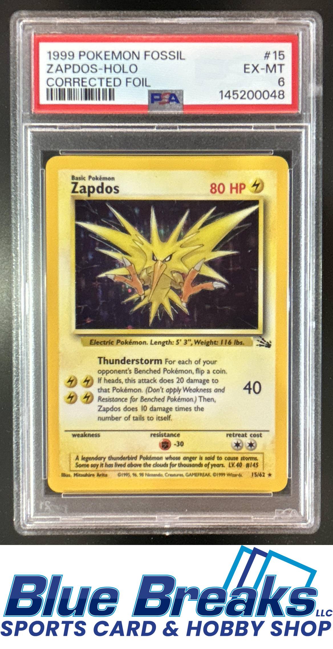 1999 Pokemon Fossil Zapdos Holo Corrected Foil #15/62 PSA 6
