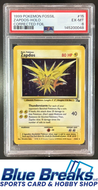 1999 Pokemon Fossil Zapdos Holo Corrected Foil #15/62 PSA 6