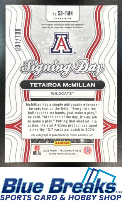 2025 Panini Prizm Draft Picks Tetairoa McMillan #SD-TMN Signing Day Red 91/100 Auto Panthers