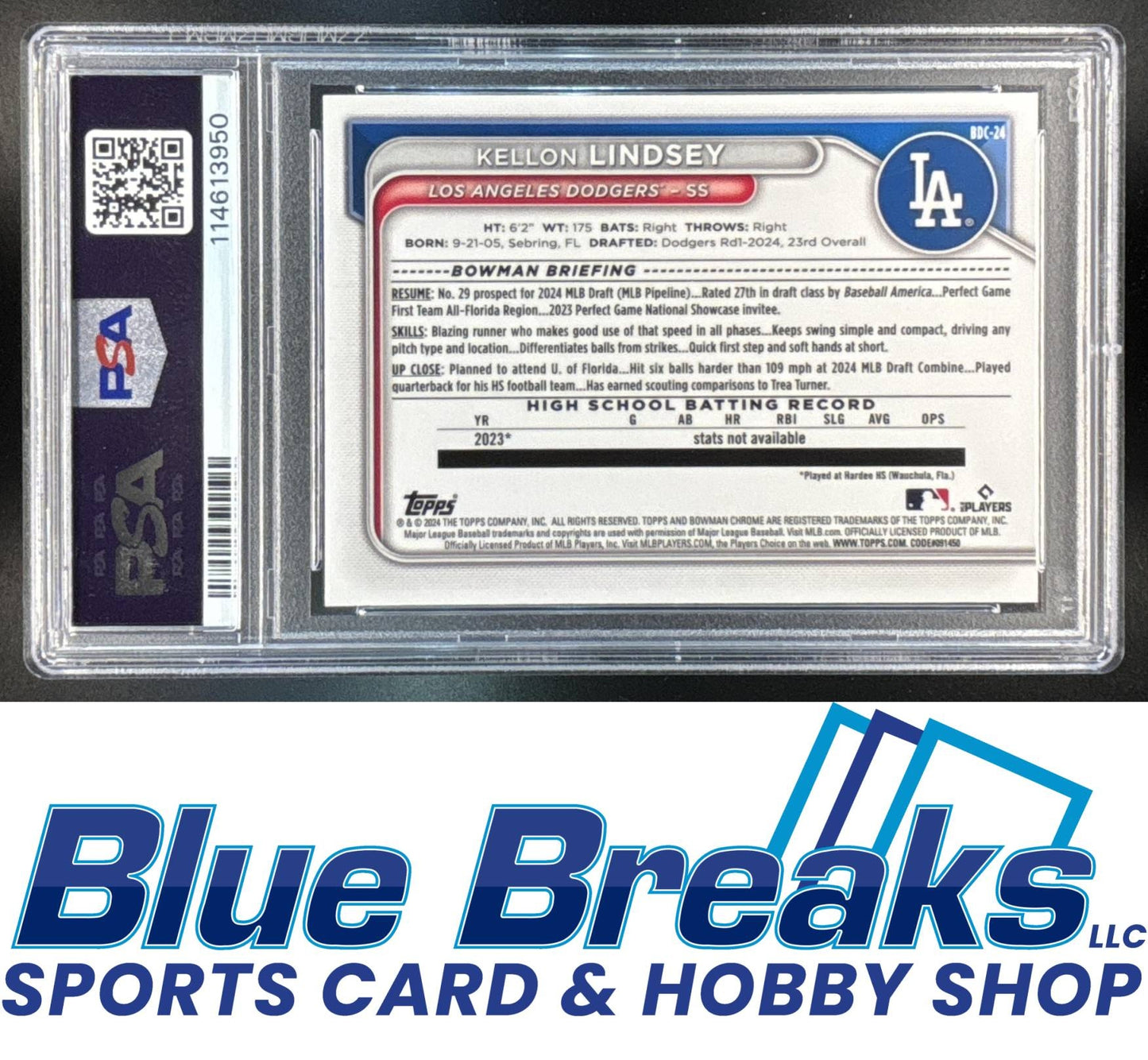 2024 Bowman Draft Kellon Lindsey #BDC-24 Chrome Aqua Wave Refractor 036/125 1st Prospect PSA 10 Los Angeles Dodgers