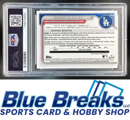 2024 Bowman Draft Kellon Lindsey #BDC-24 Chrome Aqua Wave Refractor 036/125 1st Prospect PSA 10 Los Angeles Dodgers