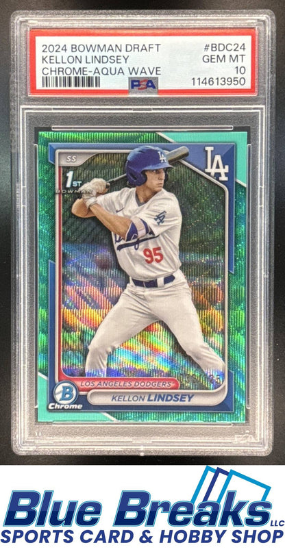2024 Bowman Draft Kellon Lindsey #BDC-24 Chrome Aqua Wave Refractor 036/125 1st Prospect PSA 10 Los Angeles Dodgers