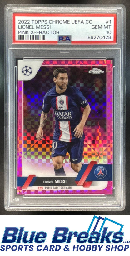 2022 Topps Chrome UEFA Club Competitions Lionel Messi #1 Pink X Fractor 190/250 PSA 10 Argentina
