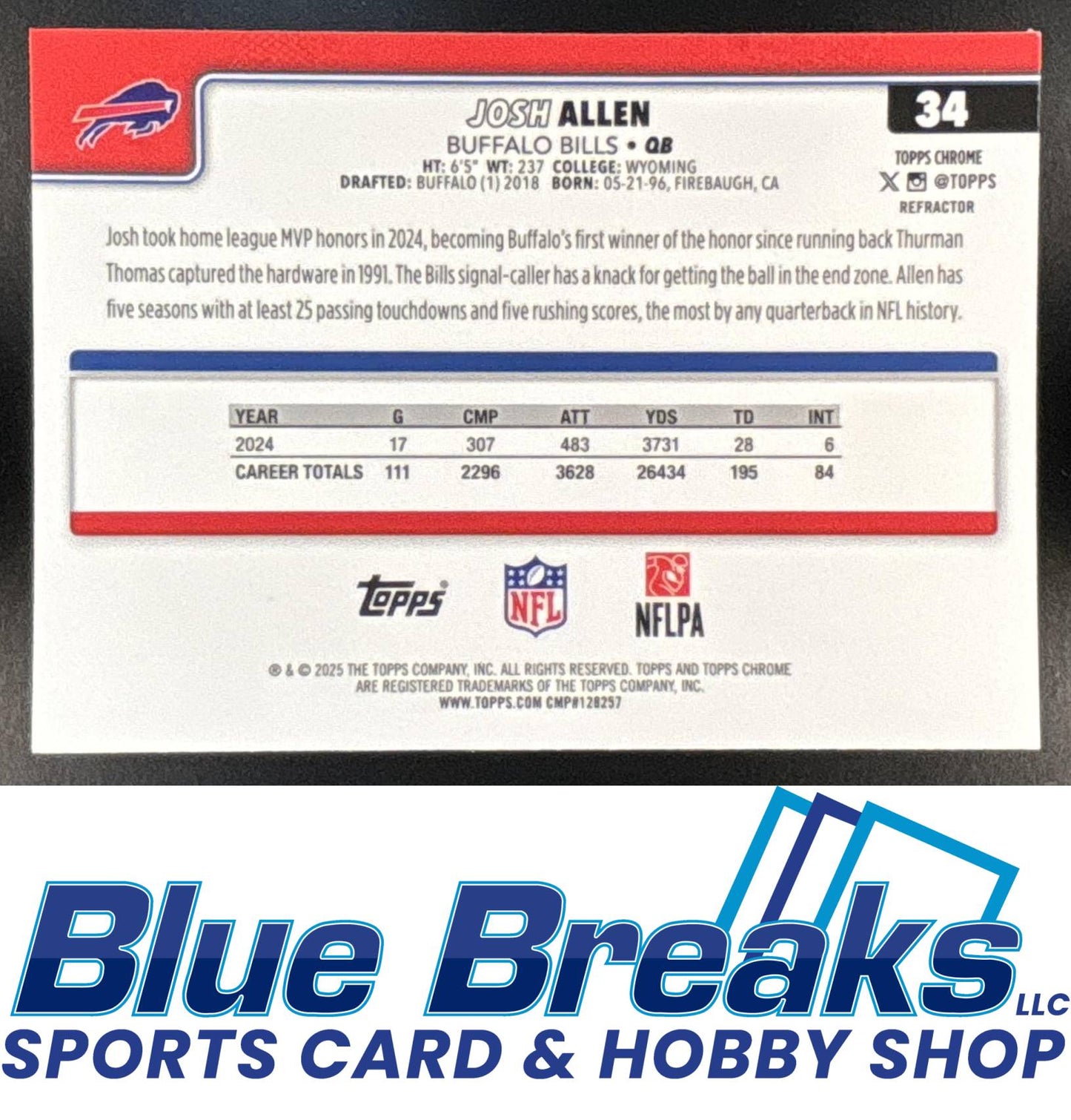 2025 Topps Chrome Refractor Josh Allen #34 Buffalo Bills