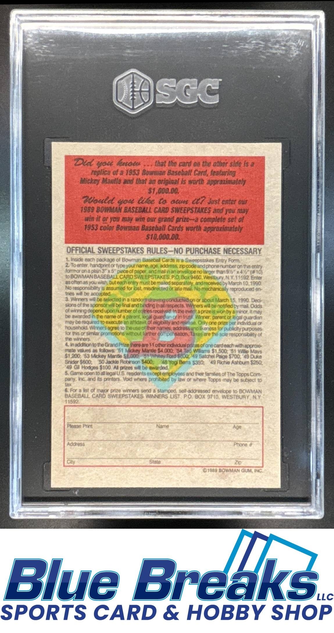 1953 Bowman Color Mickey Mantle #59 SGC 8 Yankees
