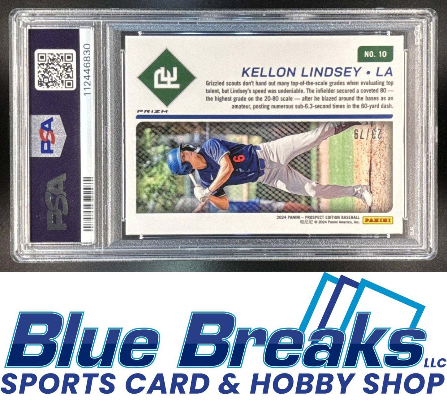 2024 Panini Prospect Edition Kellon Lindsey #10 Holo Ticket Pink Velocity 23/79 PSA 8 Los Angeles Dodgers