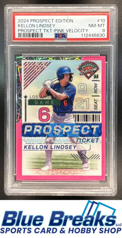 2024 Panini Prospect Edition Kellon Lindsey #10 Holo Ticket Pink Velocity 23/79 PSA 8 Los Angeles Dodgers