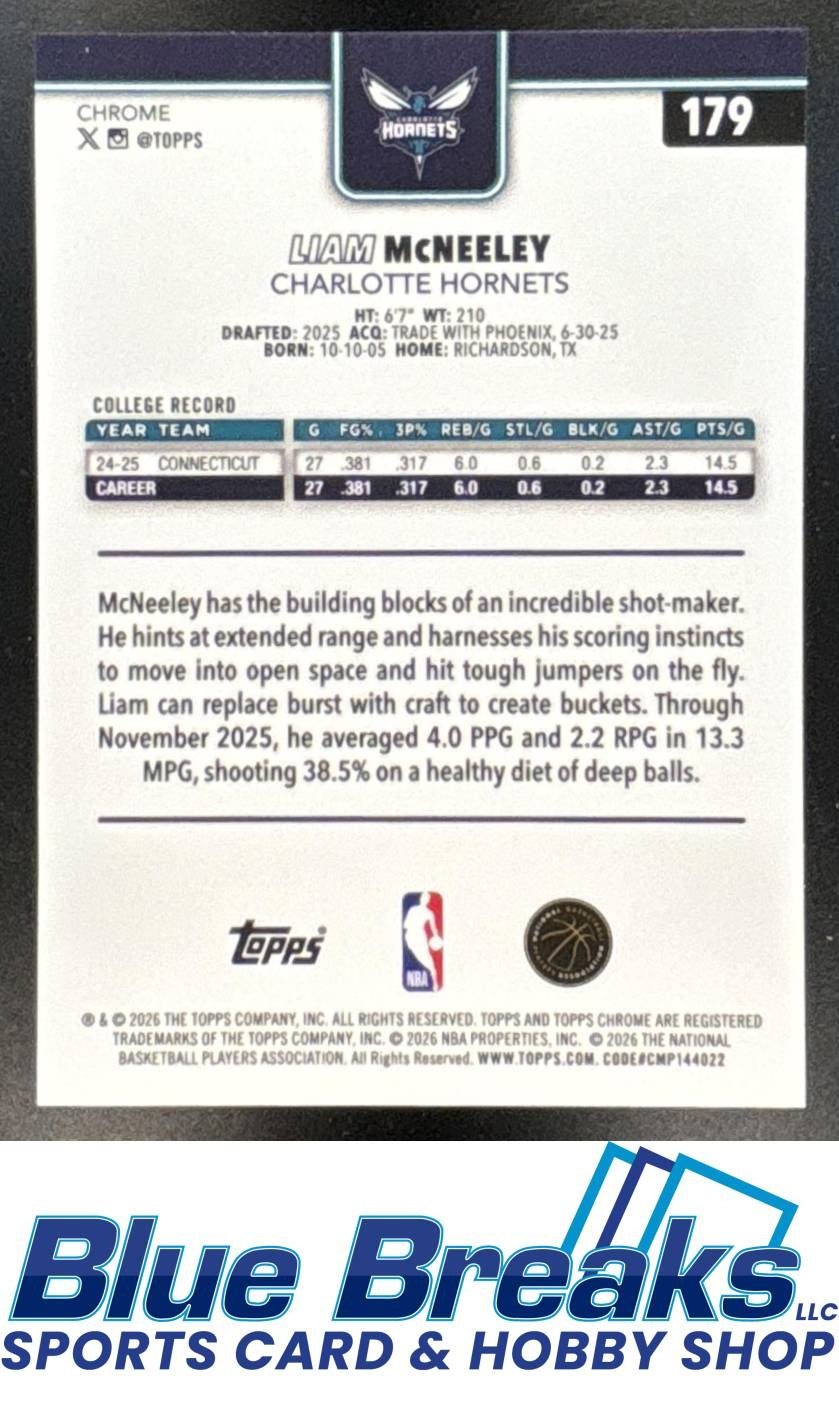 2025 Topps Chrome Update Liam McNeeley #179 Aqua Ray Wave Refractor 036/199 RC Charlotte Hornets