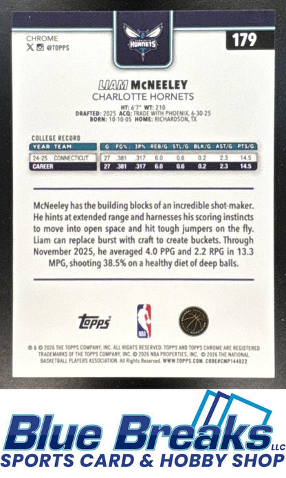 2025 Topps Chrome Update Liam McNeeley #179 Aqua Ray Wave Refractor 036/199 RC Charlotte Hornets