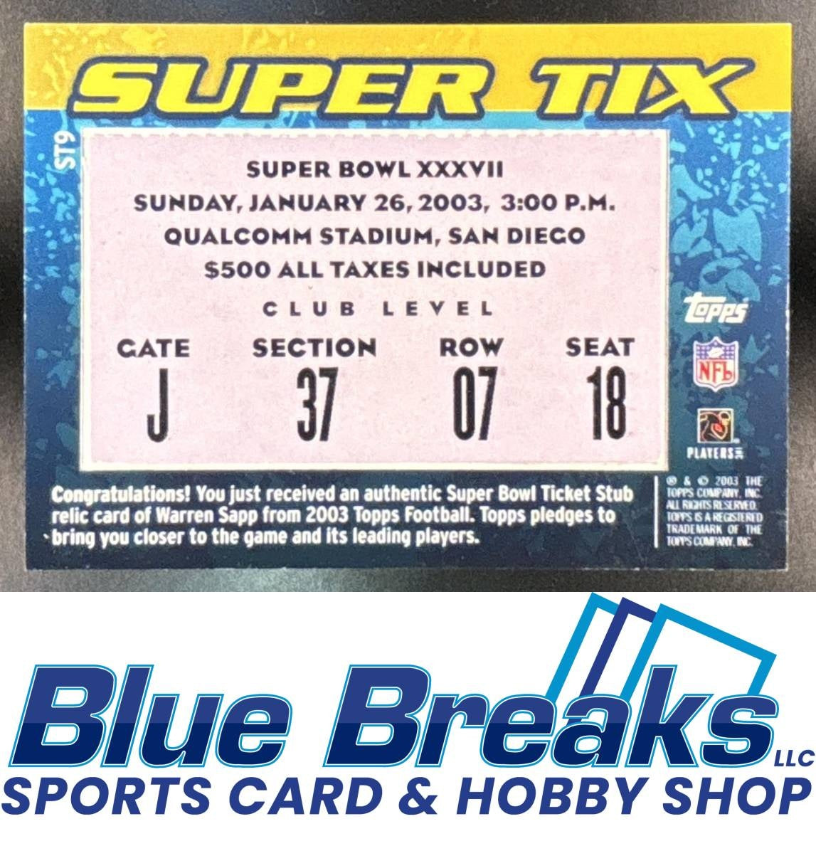 2003 Topps Super Tix Warren Sapp [RC] #ST9 Tampa Bay Buccaneers