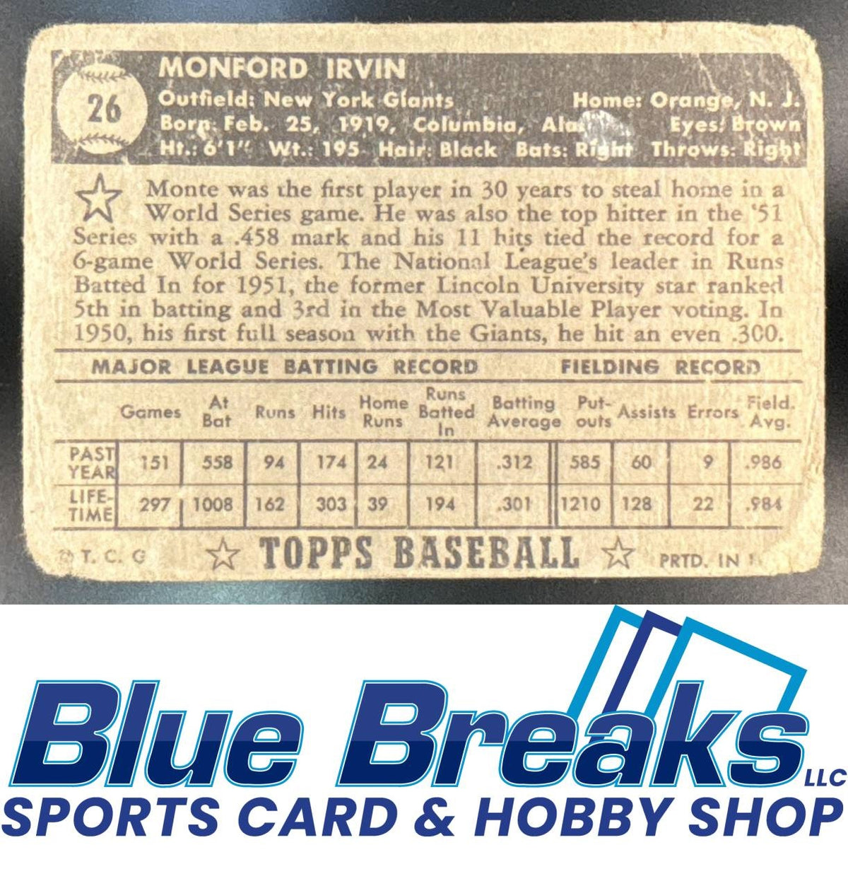 1952 Topps Monte Irvin [RC] #26 Giants