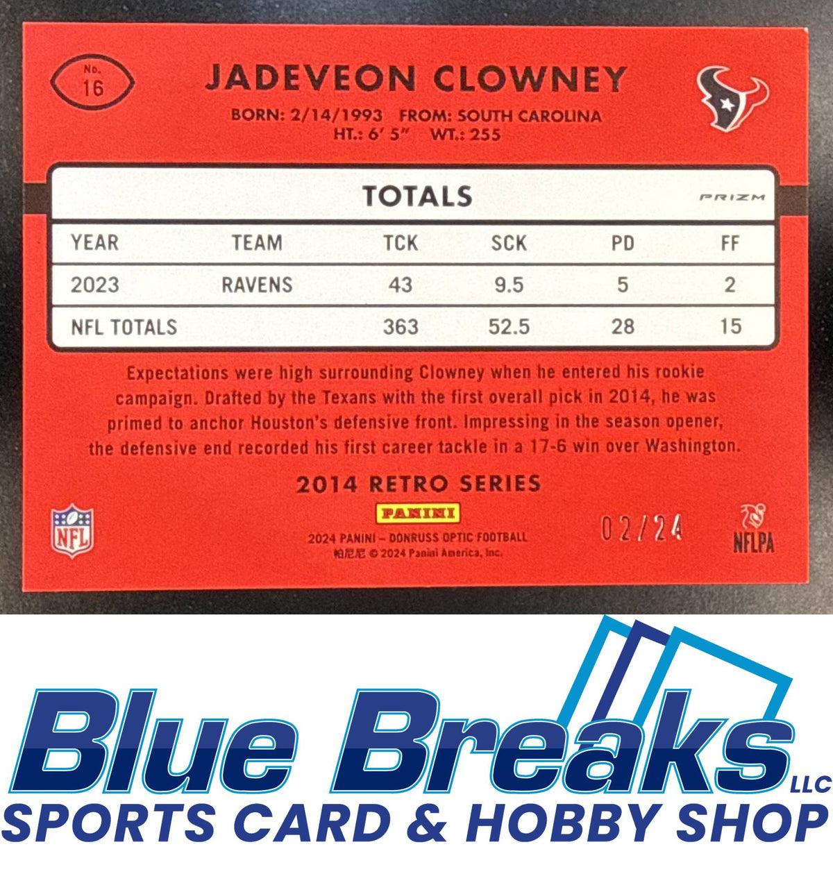 2024 Panini Donruss Optic Jadeveon Clowney #16 2014 Retro Series Dragon 02/24 Houston Texans