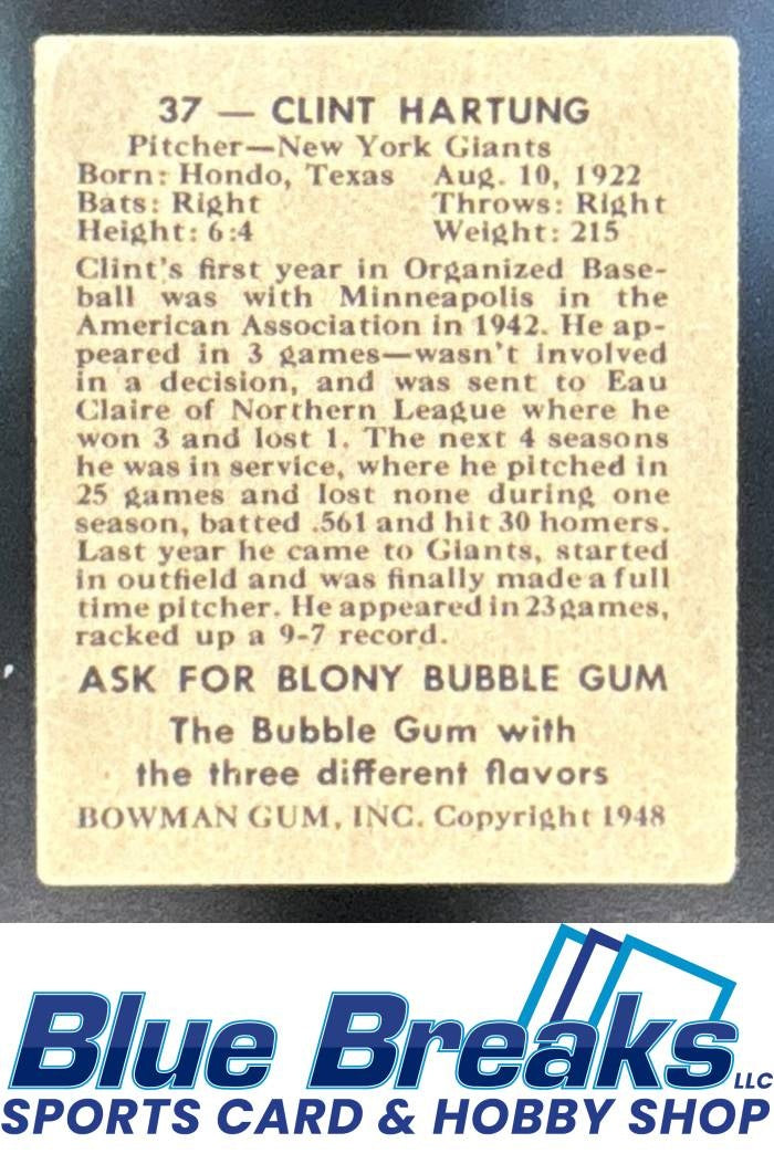 1948 Bowman Clint Hartung Rookie #37 Giants