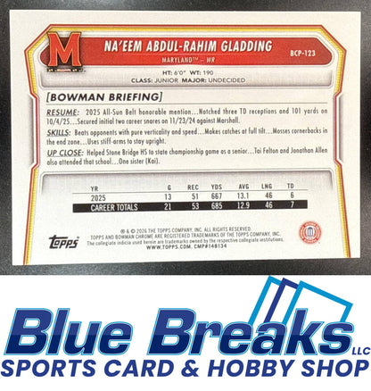 2026 Bowman Na'eem Abdul-Rahim Gladding #BCP-123 Chrome Blue Shimmer Refractor 033/150 1st Prospect Maryland Terrapins