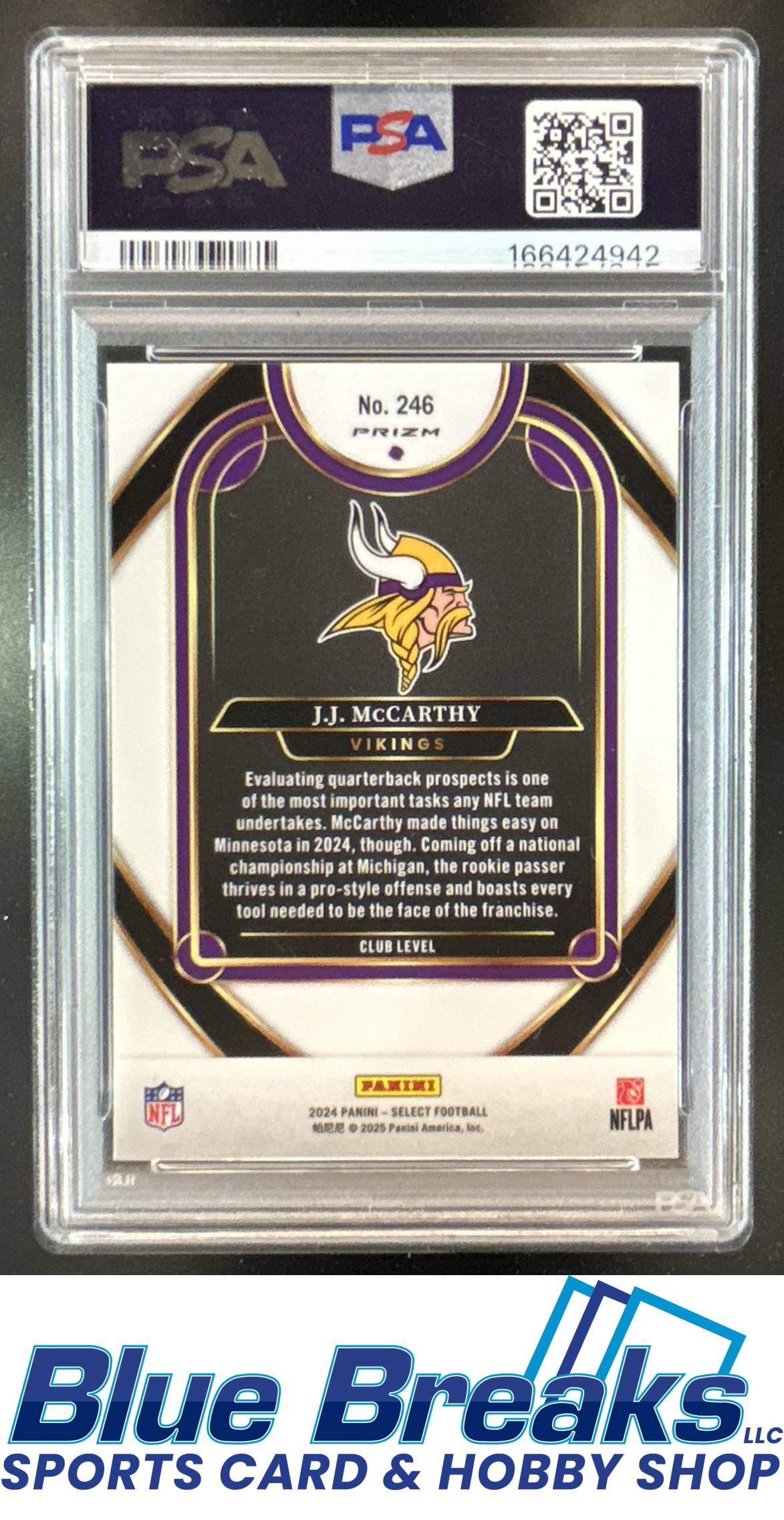 2024 Panini Select J.J. McCarthy #246 Club Black and Blue Prizm Shock RC PSA 9 Minnesota Vikings