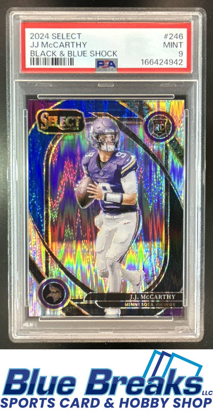 2024 Panini Select J.J. McCarthy #246 Club Black and Blue Prizm Shock RC PSA 9 Minnesota Vikings