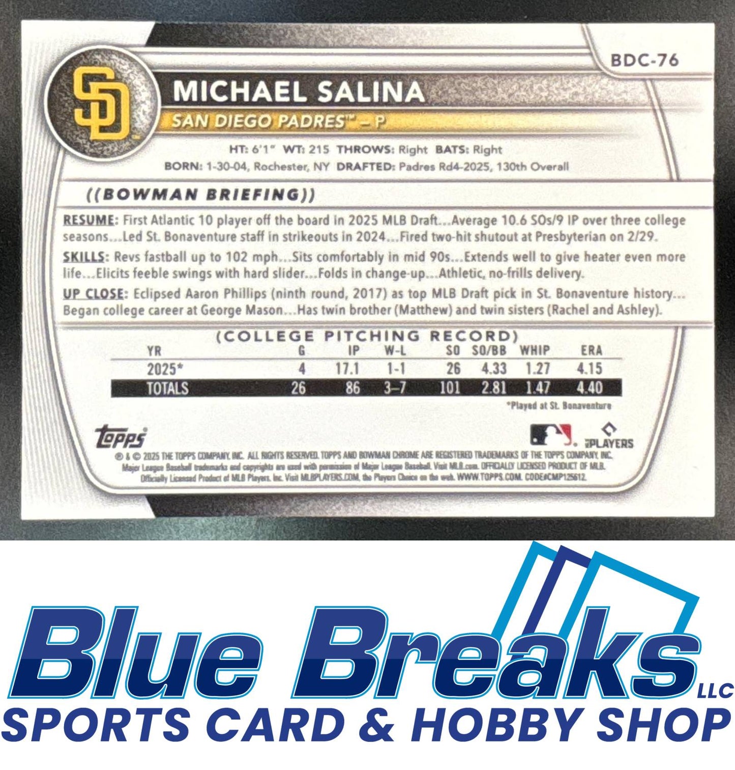 2025 Bowman Draft Michael Salina #BDC-76 Chrome Purple Refractor 183/250 1st Prospect San Diego Padres